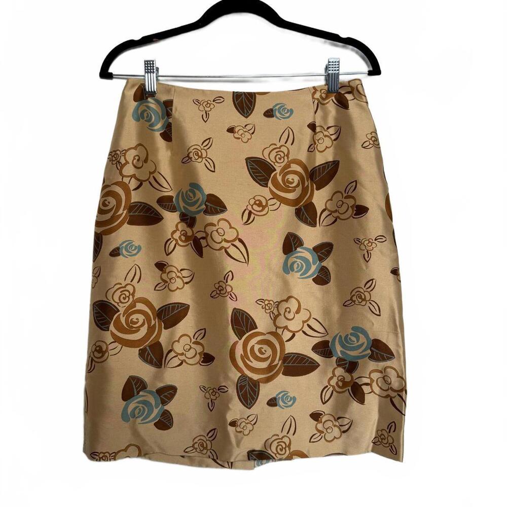 Vintage Tan Blue Floral Silk Skirt